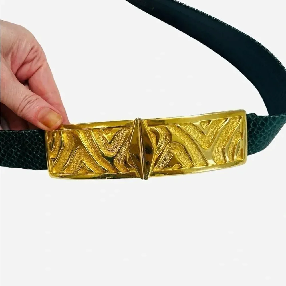 Vintage snake skin belt green and gold brass small high waist clip loop
